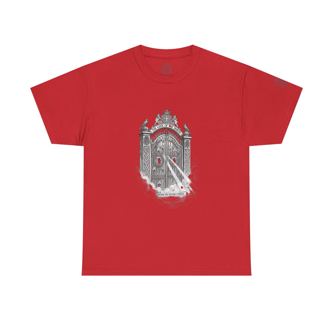 Red graphic t-shirt by S&amp;W Gallus displaying the Northern Irish landmark, the Gate of the North, in a central monochromatic design.