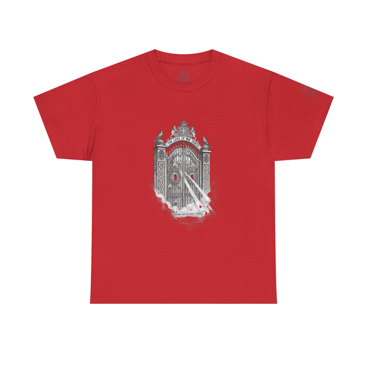 Red graphic t-shirt by S&amp;W Gallus displaying the Northern Irish landmark, the Gate of the North, in a central monochromatic design.