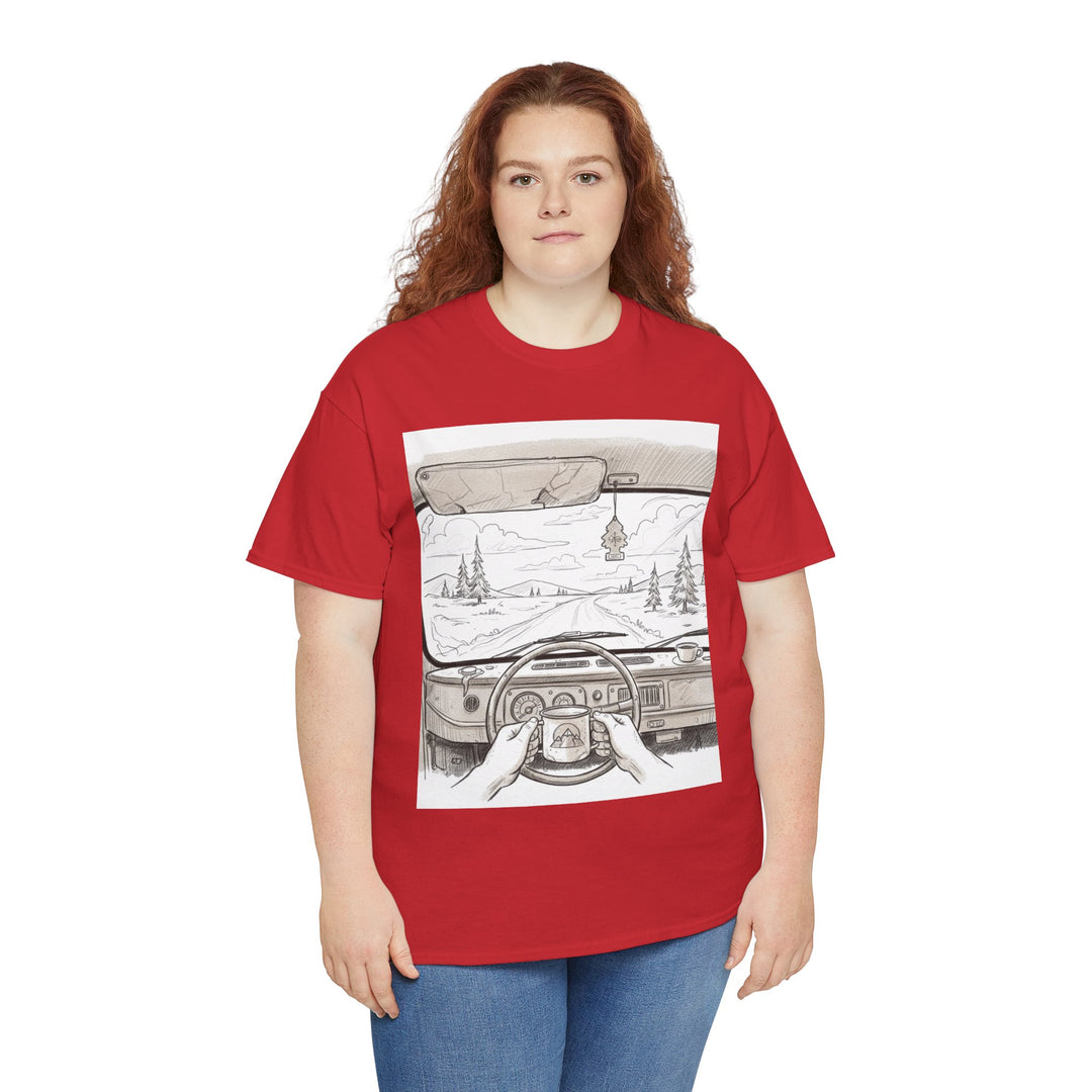 Scenic Drive Van Illustration Tee – soft cotton with a detailed van and landscape design. Perfect for road trips, outdoor adventures, and casual wear.