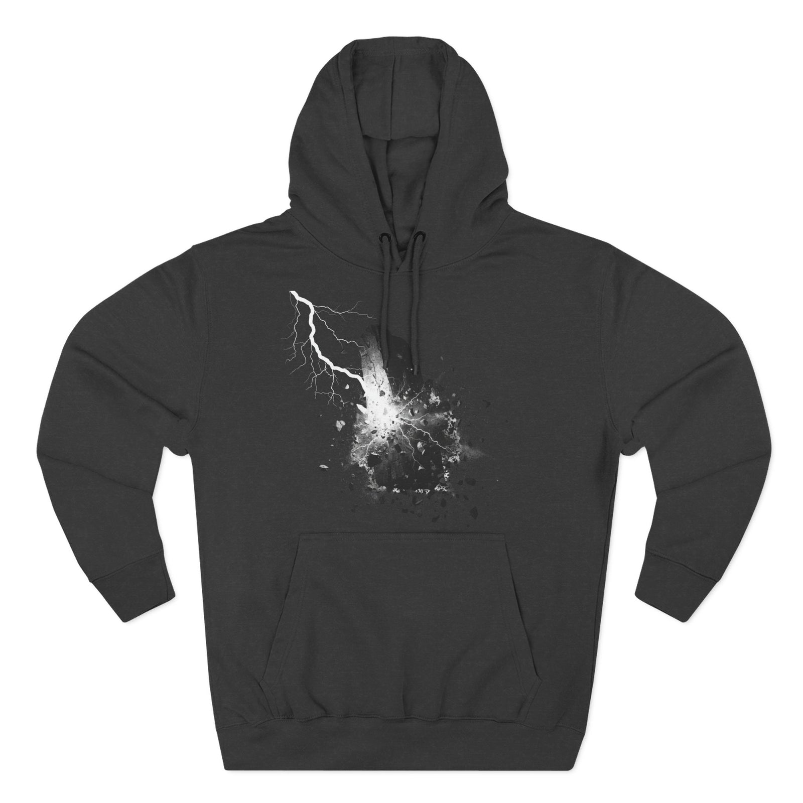 Gray hoodie by S&W Gallus featuring a white graphic design of lightning striking stone.
