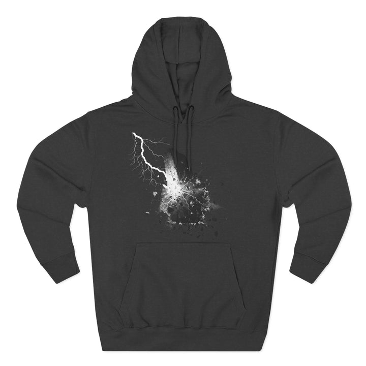 Gray hoodie by S&amp;W Gallus featuring a white graphic design of lightning striking stone.

