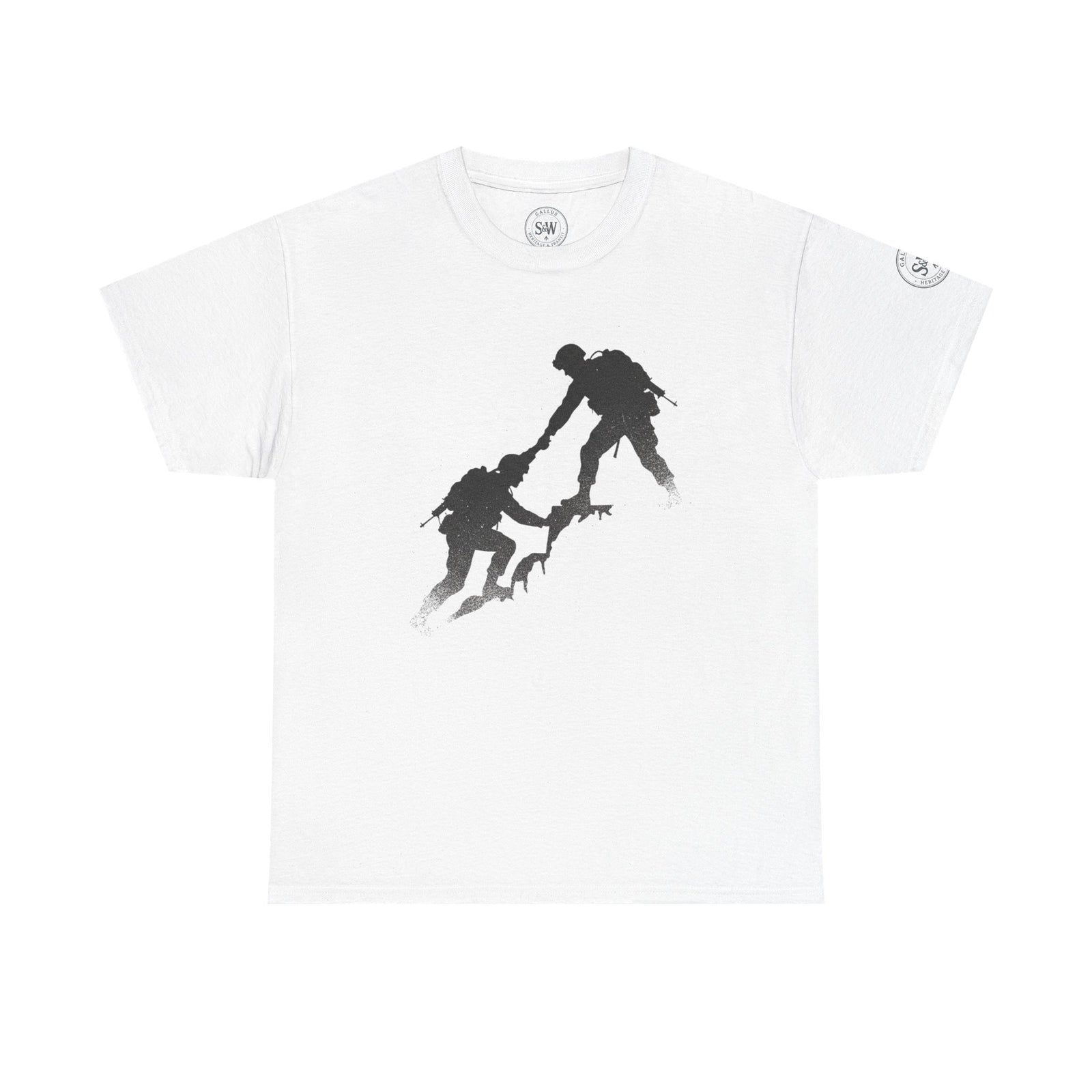 White t-shirt by S&W Gallus featuring a black silhouette graphic of two soldiers helping each other climb.