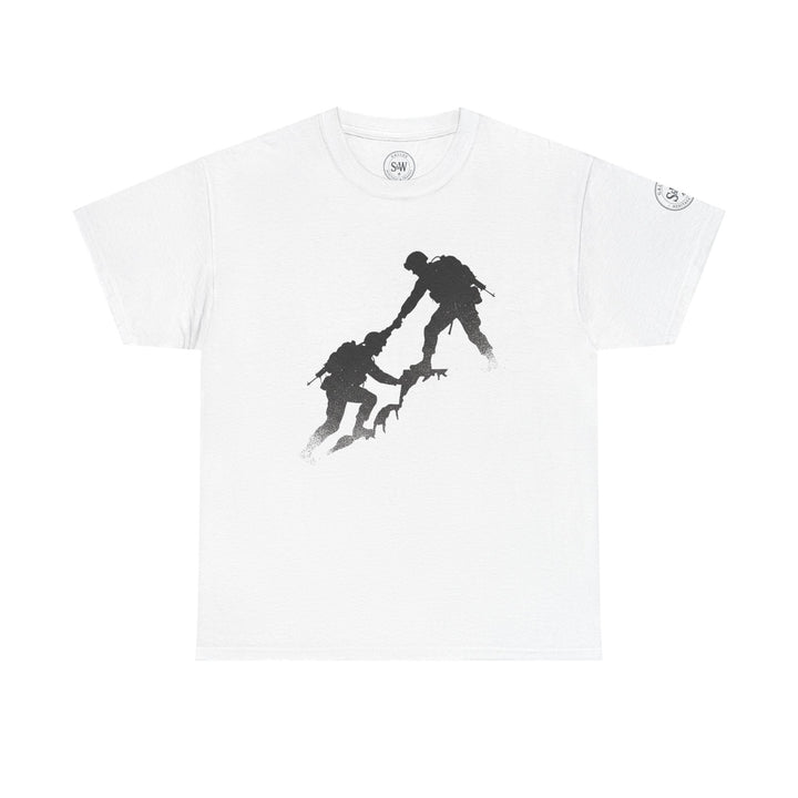 White t-shirt by S&amp;W Gallus featuring a black silhouette graphic of two soldiers helping each other climb.