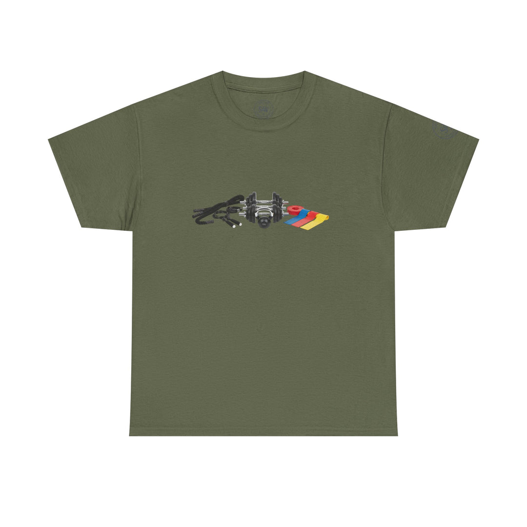 Olive green t-shirt by S&amp;W Gallus with circuit set-up printed on the front.