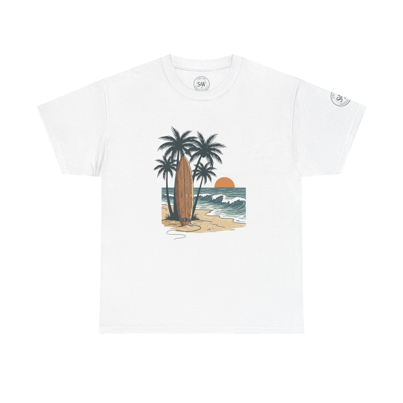 White graphic tee by S&W Gallus with a beach scene including palm trees, surfboard, and ocean.