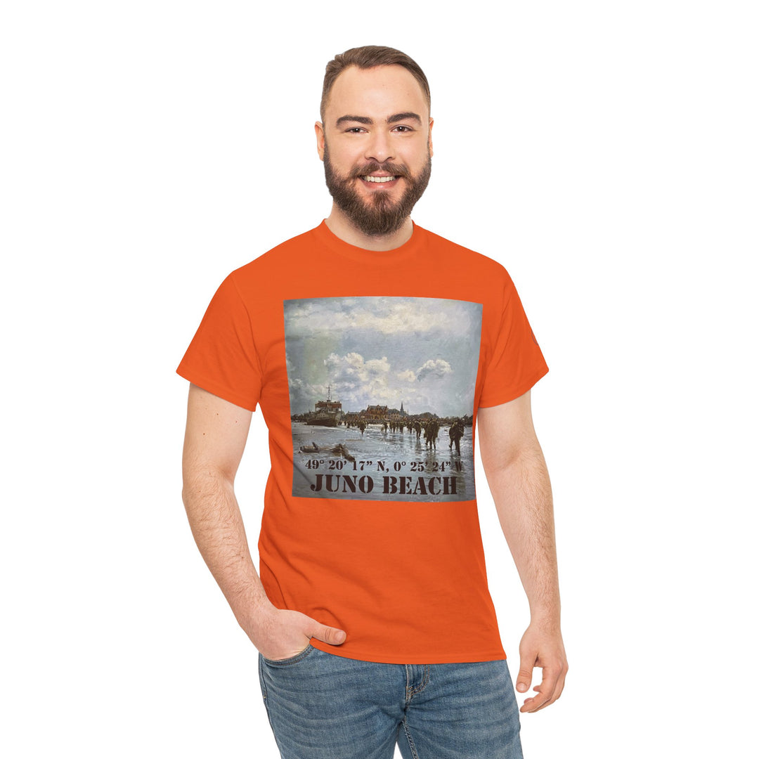 Orange t-shirt with a Juno Beach graphic by Veteran Owned, paired with jeans.
