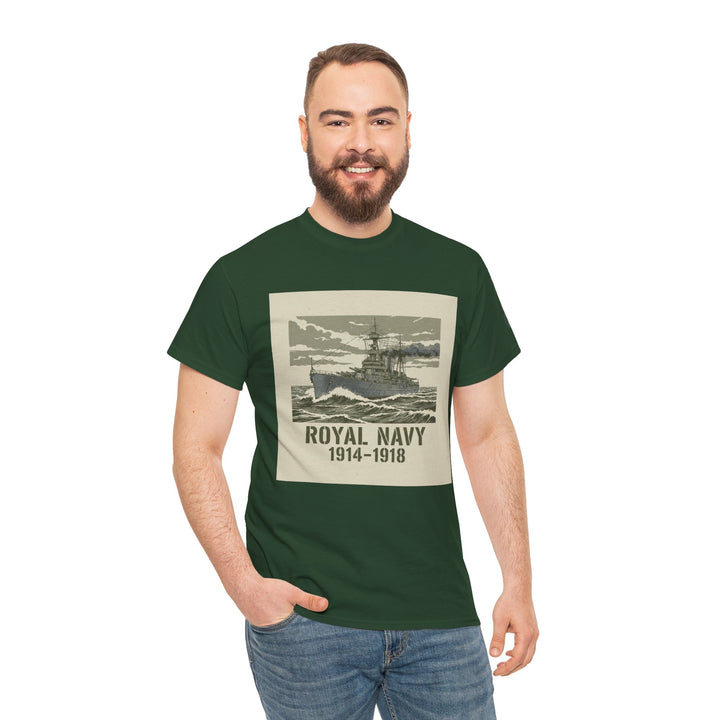 Forest green tee shirt by S&amp;W Gallus featuring a vintage Royal Navy battleship graphic with "Royal Navy 1914-1918" text.