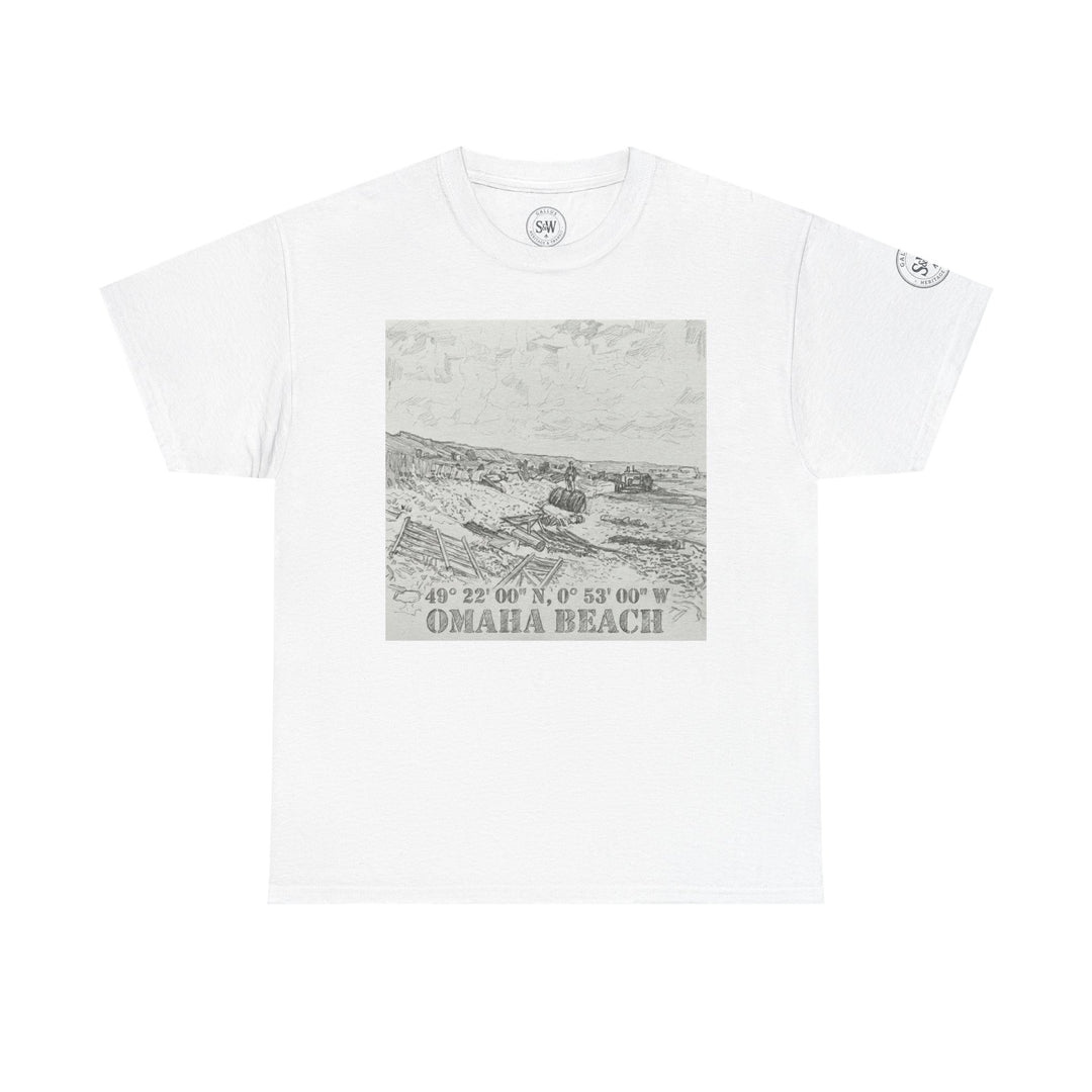 White Omaha Beach coordinates t-shirt by Veteran Owned, featuring a sketched Omaha Beach graphic.