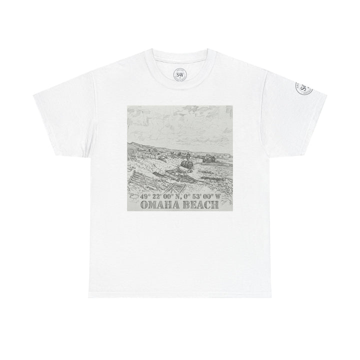 White Omaha Beach coordinates t-shirt by Veteran Owned, featuring a sketched Omaha Beach graphic.