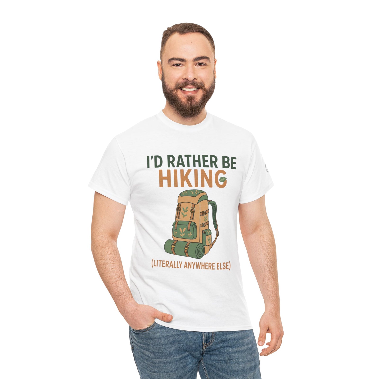White graphic T-shirt by S&W Gallus featuring a cartoon hiking backpack and "I'd Rather Be Hiking" text, worn with jeans.