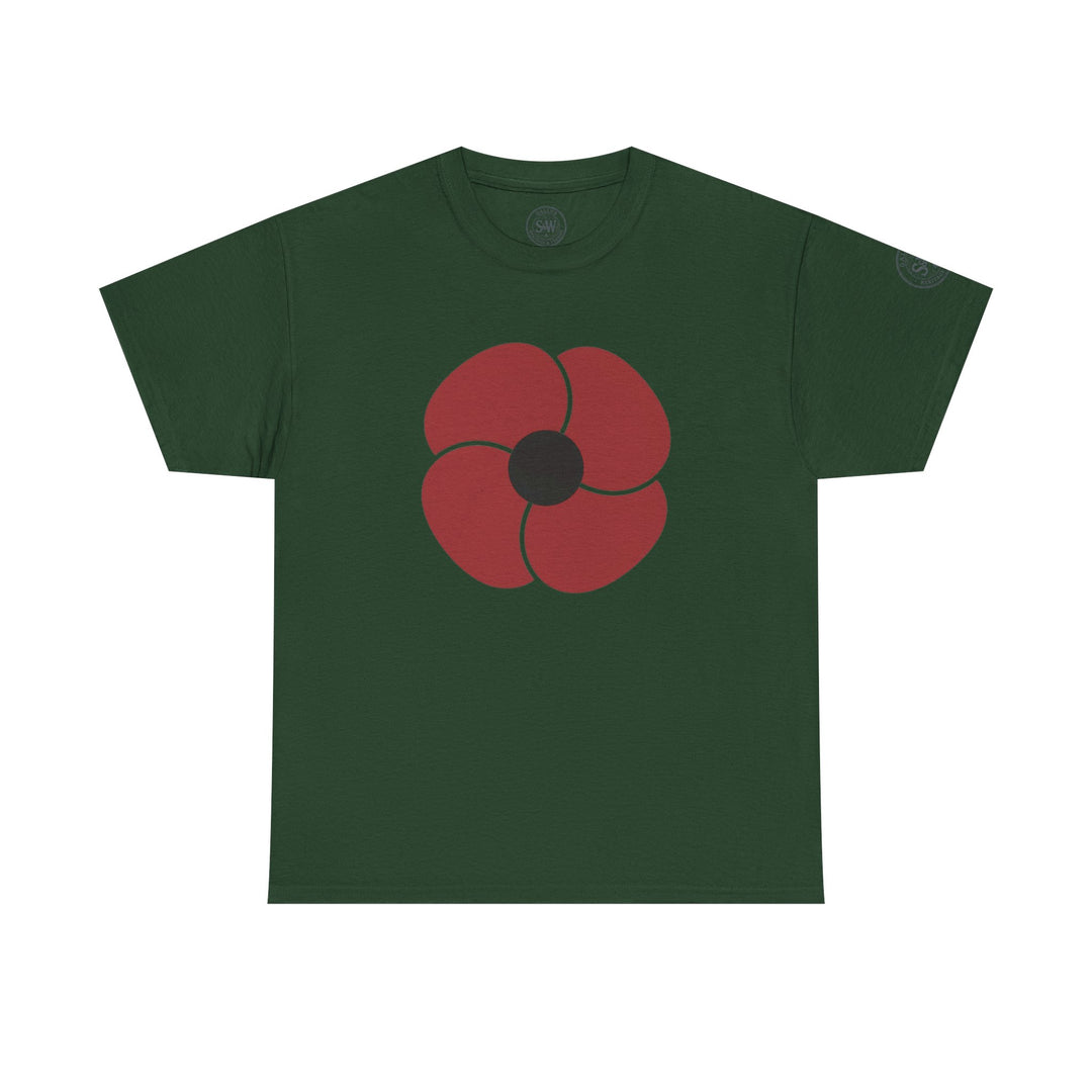 Green t-shirt by S&amp;W Gallus with a red poppy design on the chest.