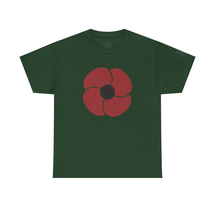Green t-shirt by S&amp;W Gallus with a red poppy design on the chest.