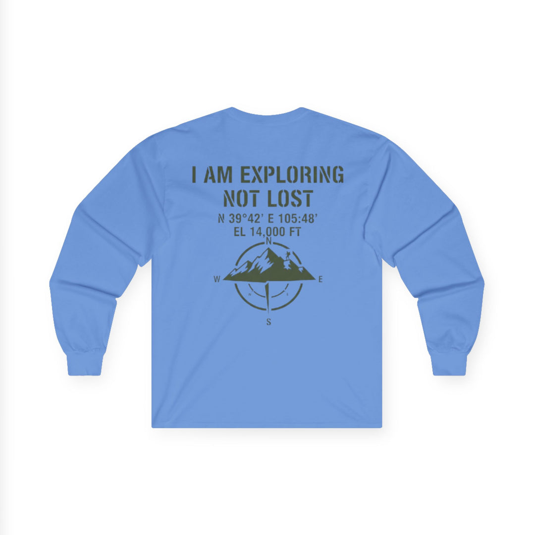 Explorer Long Sleeve Tee — “I Am Exploring Not Lost” Mountain Graphic