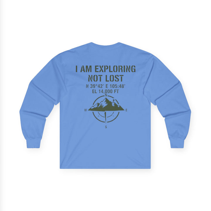 Explorer Long Sleeve Tee — “I Am Exploring Not Lost” Mountain Graphic