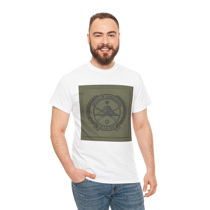 Isandlwana vintage military emblem crewneck T-shirt. Heritage graphic design inspired by historic battlefield legacy.