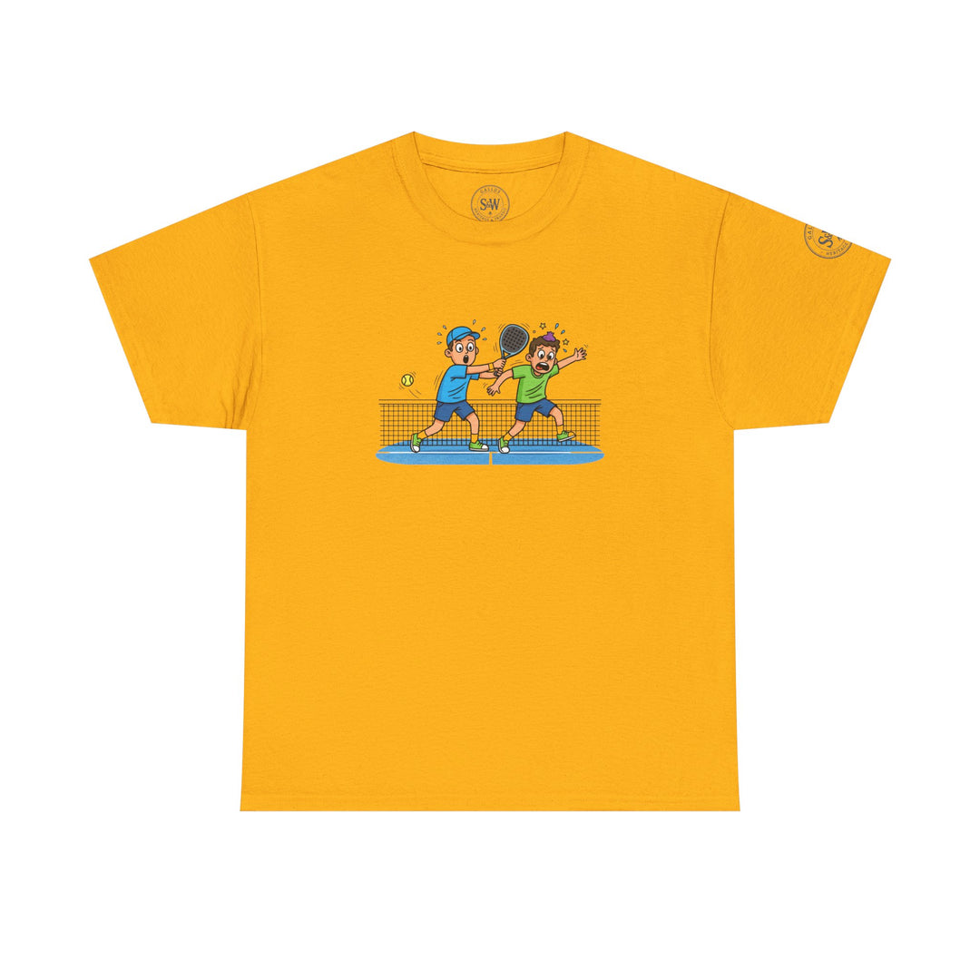 Yellow graphic t-shirt by S&amp;W Gallus, featuring a cartoon of two boys playing padel, and short sleeves.