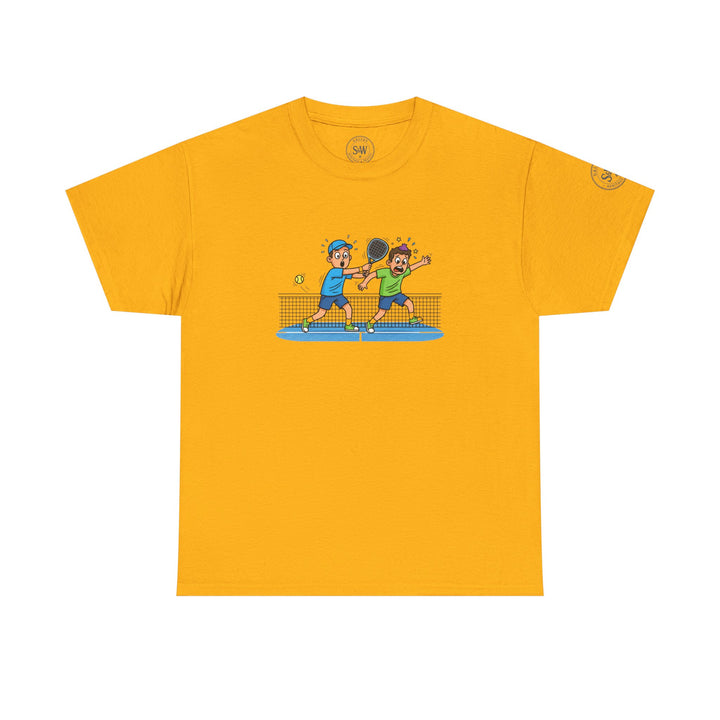 Yellow graphic t-shirt by S&amp;W Gallus, featuring a cartoon of two boys playing padel, and short sleeves.
