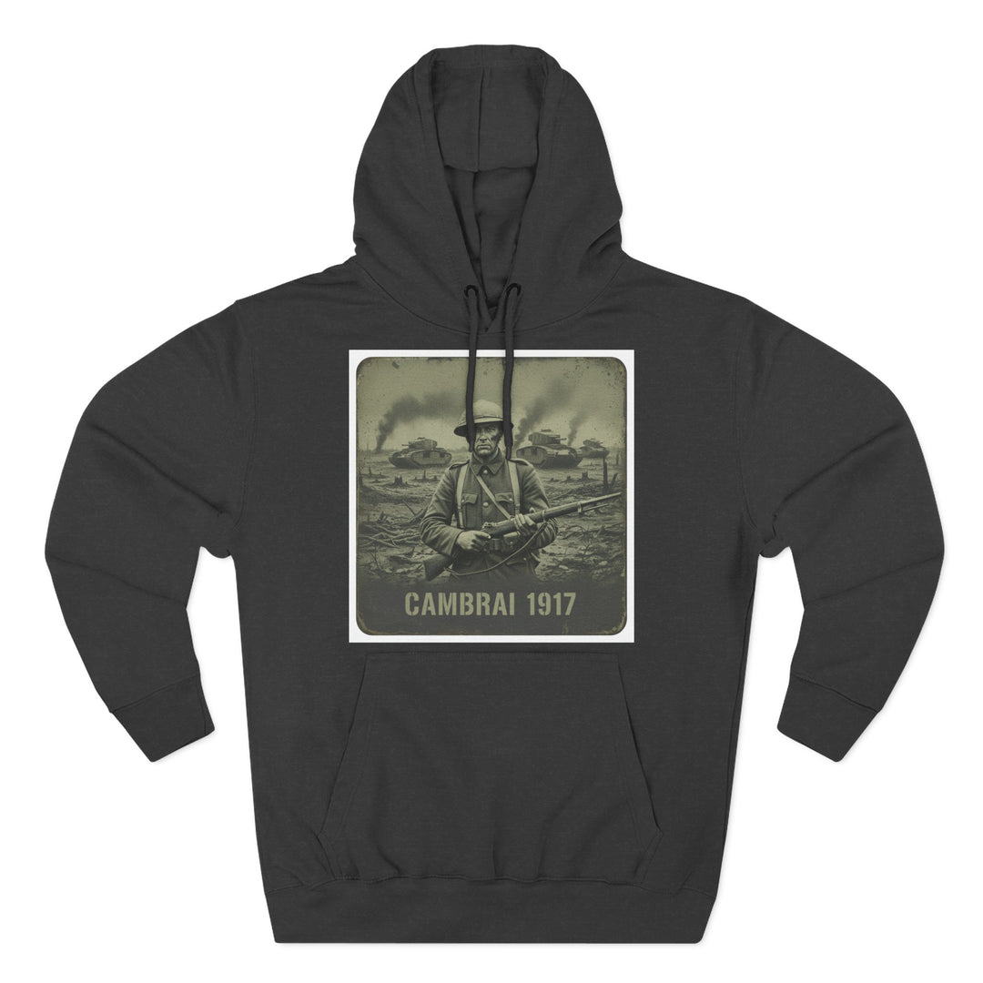 Black military hoodie by S&amp;W Gallus with a "Cambrai 1917" graphic featuring a soldier and tanks.