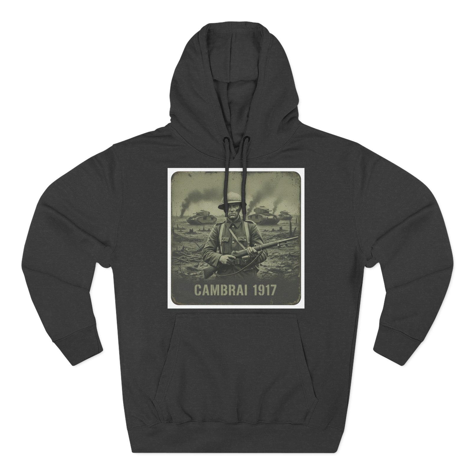 Black military hoodie by S&W Gallus with a "Cambrai 1917" graphic featuring a soldier and tanks.