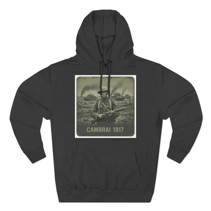 Black military hoodie by S&amp;W Gallus with a "Cambrai 1917" graphic featuring a soldier and tanks.