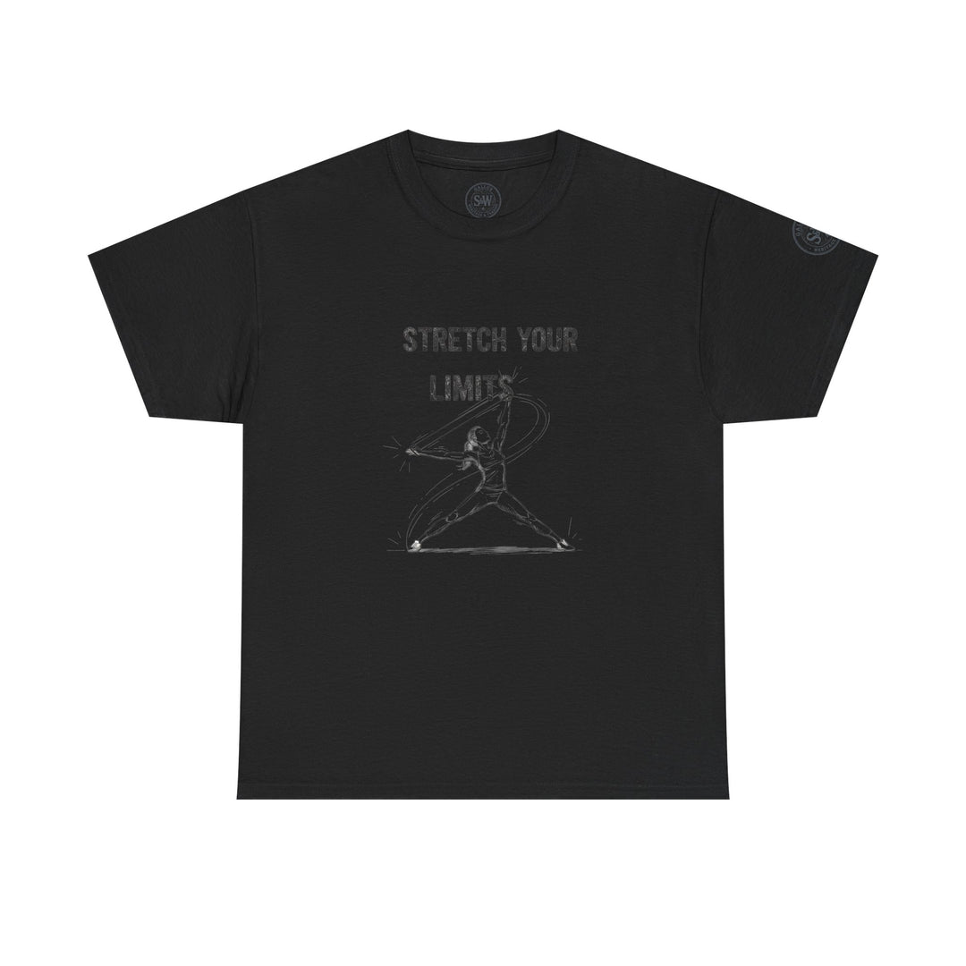 Black T-shirt by S&amp;W Gallus, featuring a graphic of an athlete and "Stretch Your Limits" text.