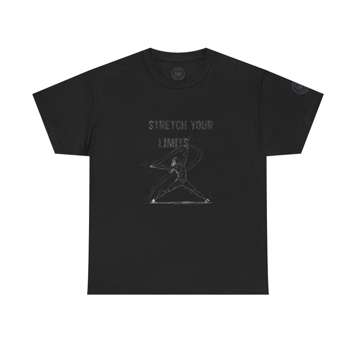 Black T-shirt by S&amp;W Gallus, featuring a graphic of an athlete and "Stretch Your Limits" text.