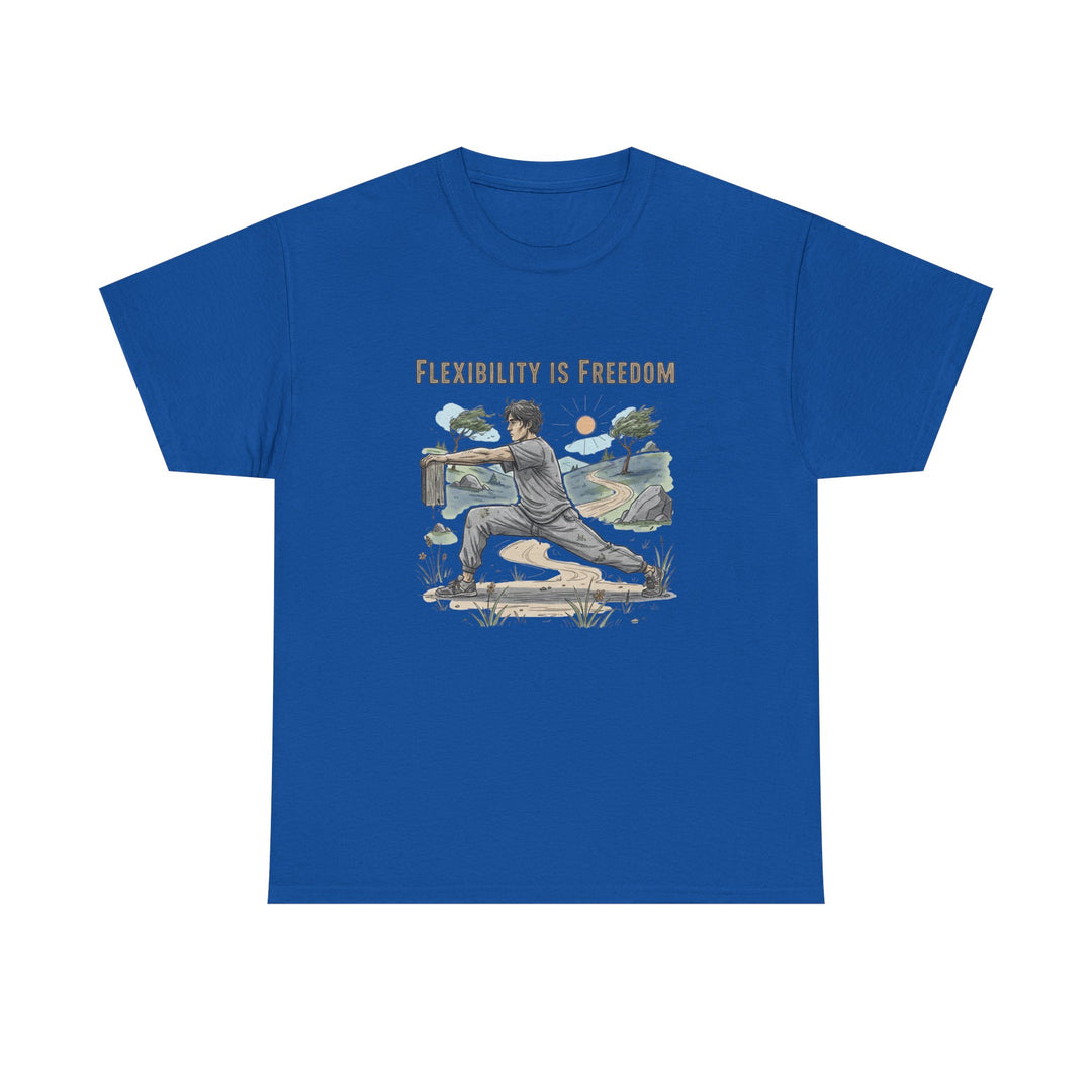 Flexibility Is Freedom Tee – soft, breathable cotton featuring a motivational design. Perfect for yoga, Pilates, stretching, or casual active lifestyle wear.