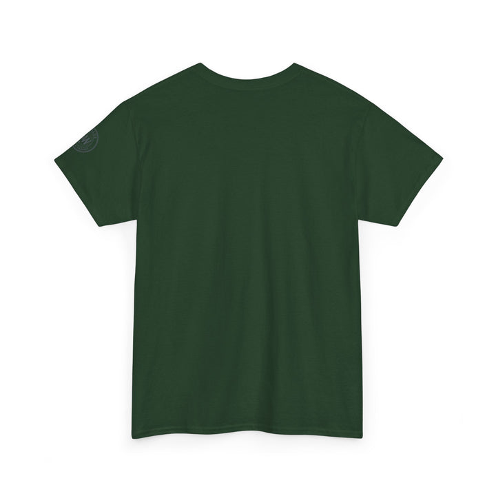 Forest green t-shirt by S&amp;W Gallus, featuring a round logo on the left sleeve.