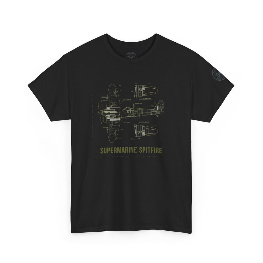 Black Supermarine Spitfire aircraft schematic t-shirt by S&amp;W Gallus featuring blueprint design and a crew neck.