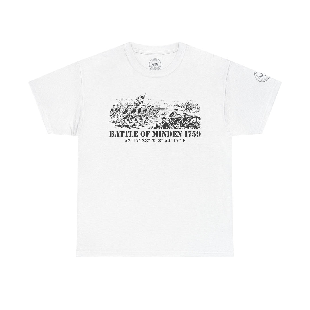 White t-shirt by S&amp;W Gallus, featuring a black and white print of the Battle of Minden 1759.