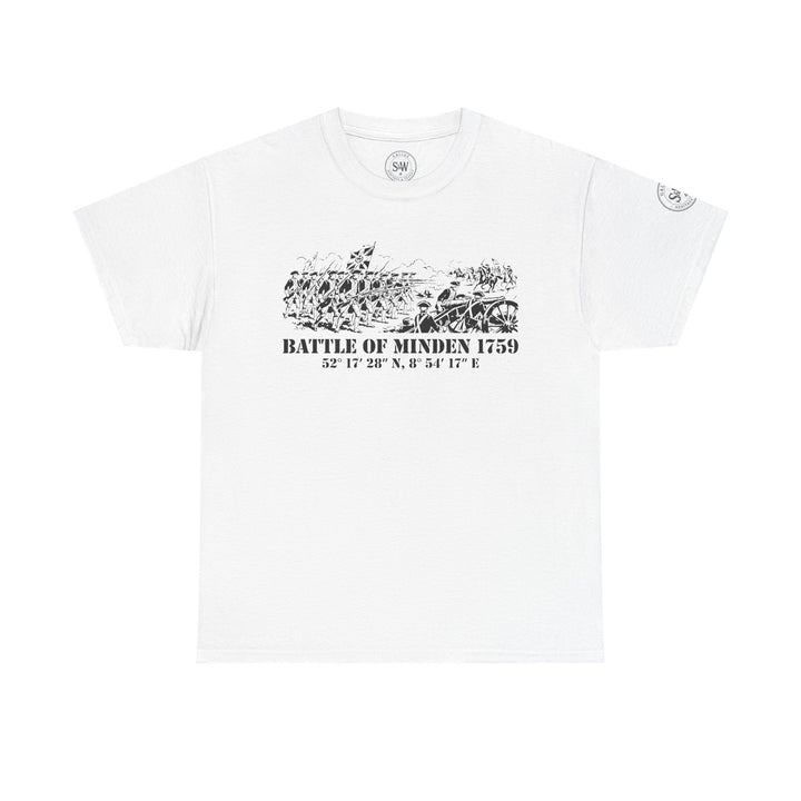 White t-shirt by S&amp;W Gallus, featuring a black and white print of the Battle of Minden 1759.