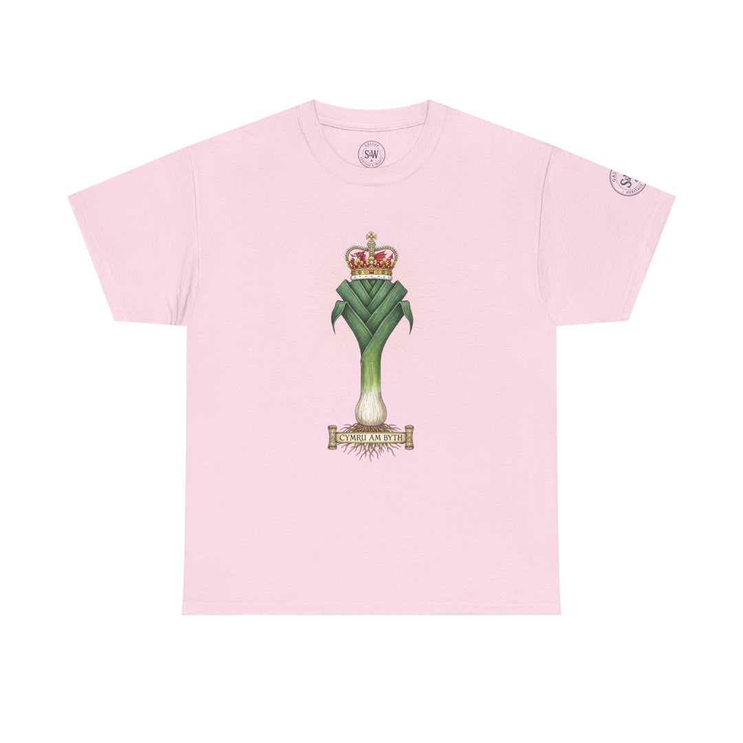 Pink T-shirt by S&amp;W Gallus, displaying a decorative leek and crown design with a Welsh motto.
