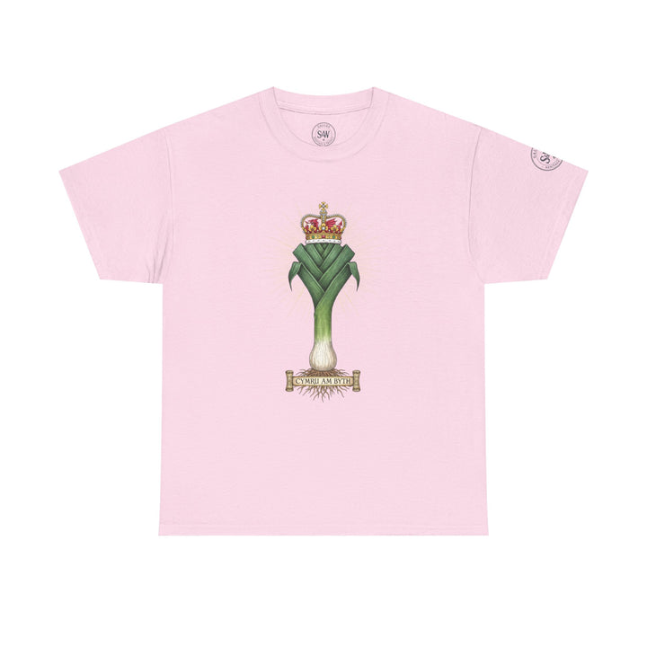 Pink T-shirt by S&amp;W Gallus, displaying a decorative leek and crown design with a Welsh motto.
