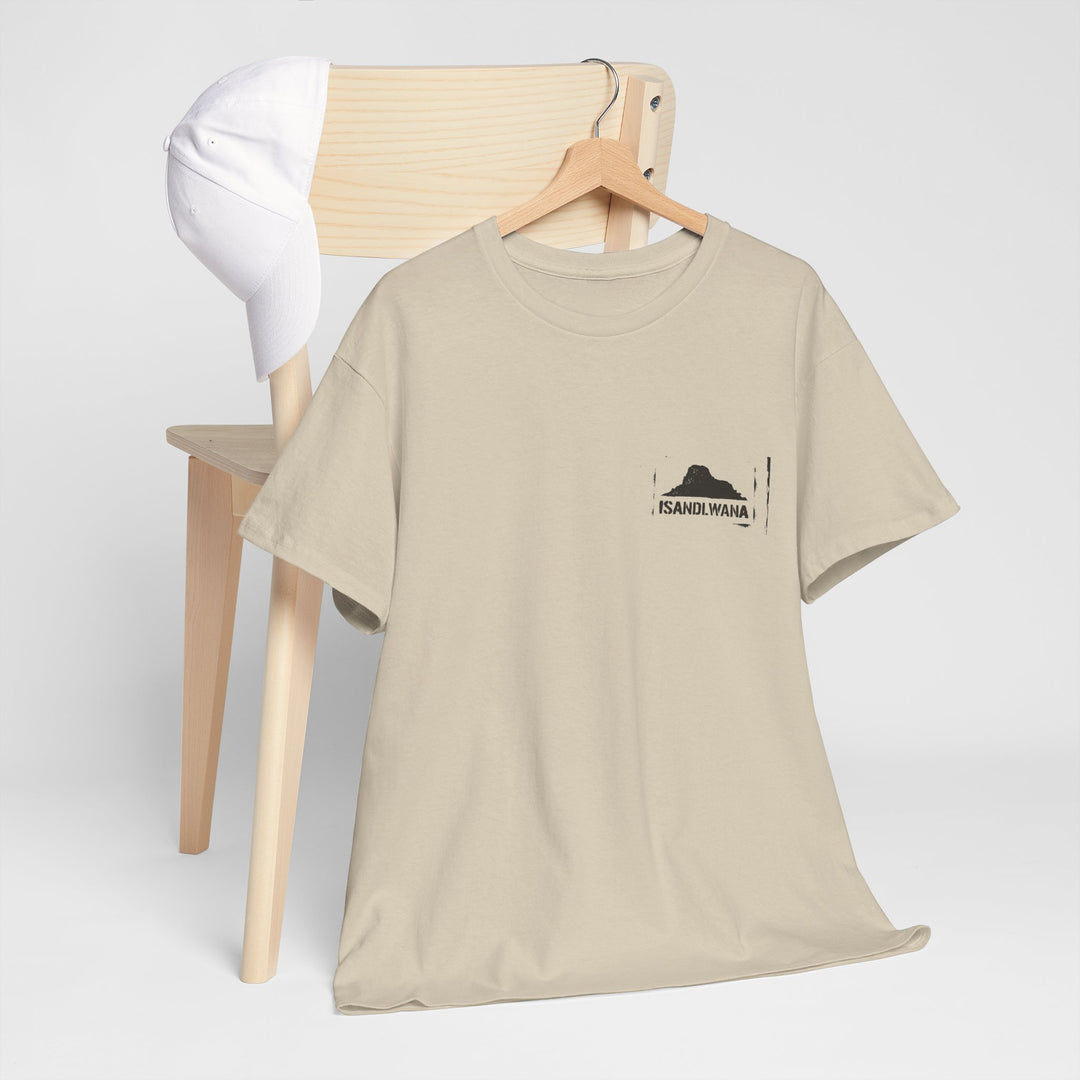 Minimal Rorke’s Drift landscape tee with “Isandlwana Over My Heart” design. Subtle Anglo-Zulu War tribute for true history enthusiasts.