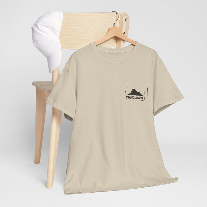 Minimal Rorke’s Drift landscape tee with “Isandlwana Over My Heart” design. Subtle Anglo-Zulu War tribute for true history enthusiasts.