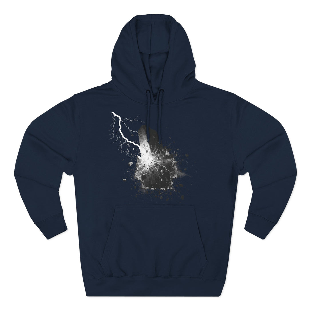 Navy blue hoodie by S&amp;W Gallus featuring a cracked stone graphic with lightning and debris.