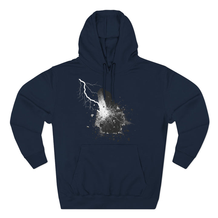 Navy blue hoodie by S&amp;W Gallus featuring a cracked stone graphic with lightning and debris.