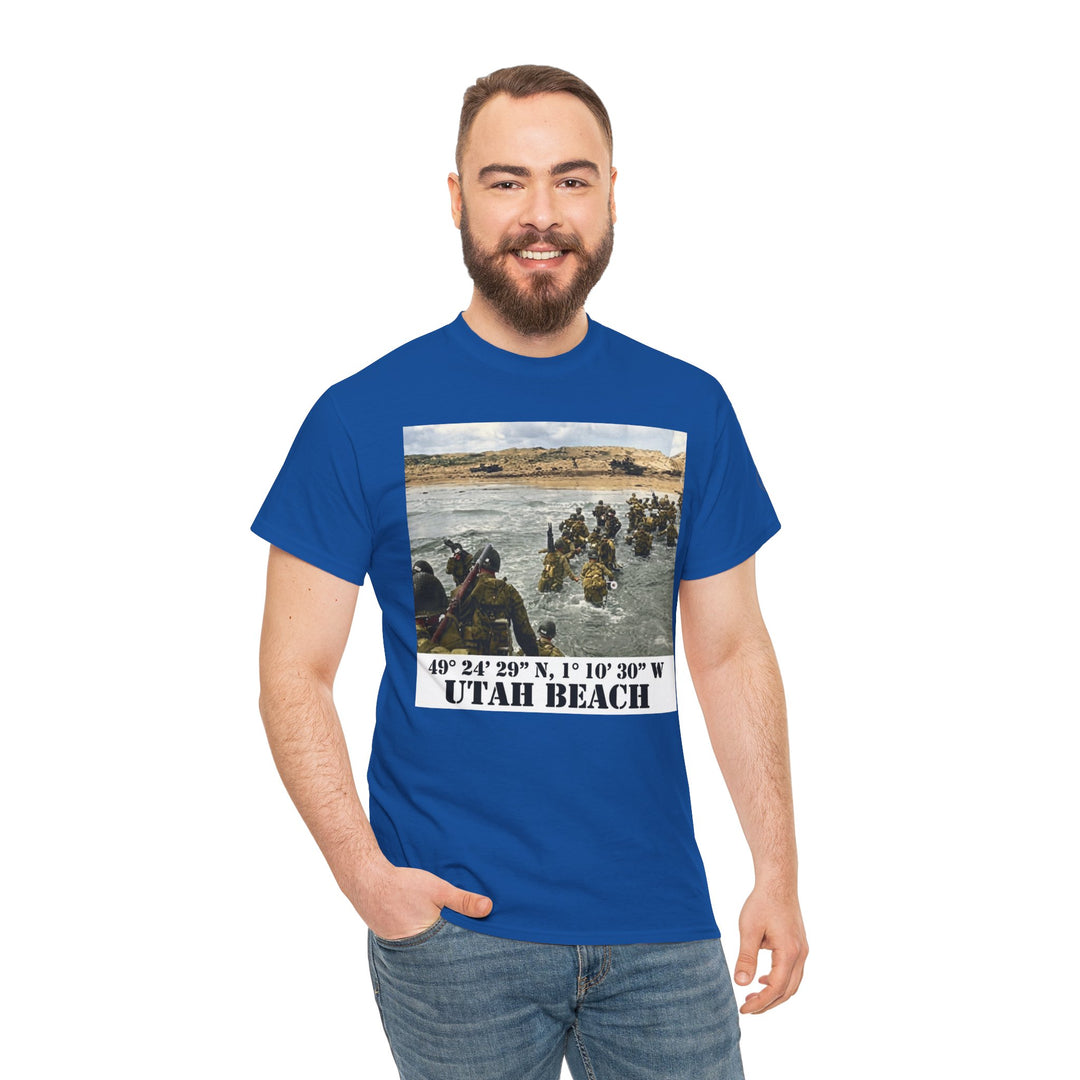 Blue Utah Beach D-Day T-shirt by Veteran owned, featuring a photo of soldiers storming the beach, paired with blue jeans.