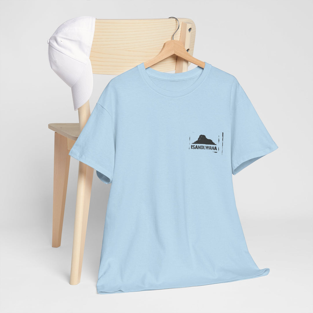 Minimal Rorke’s Drift landscape tee with “Isandlwana Over My Heart” design. Subtle Anglo-Zulu War tribute for true history enthusiasts.