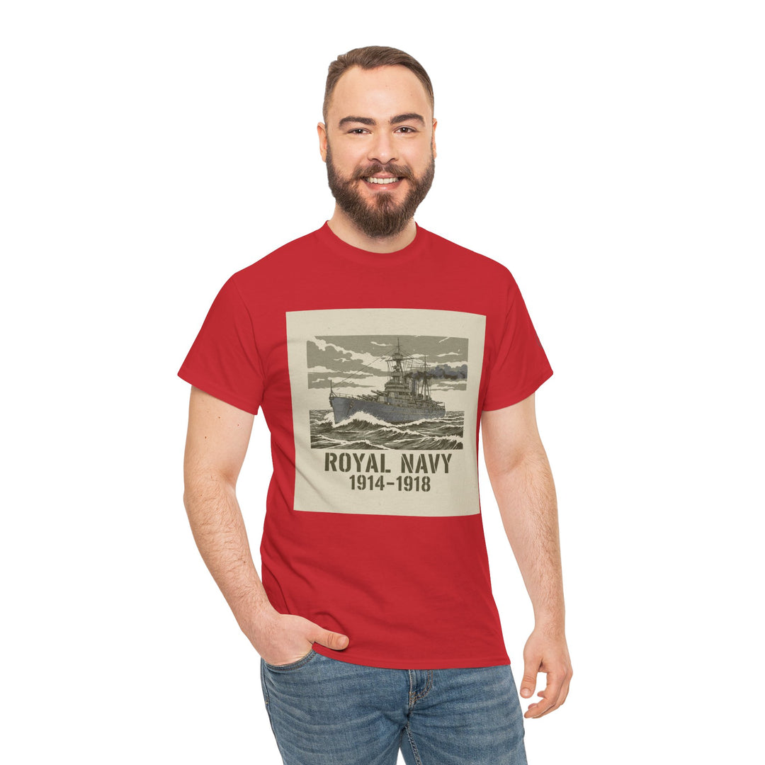 Red t-shirt by S&amp;W Gallus, featuring a vintage Royal Navy battleship graphic and a crew neck, styled with blue jeans.