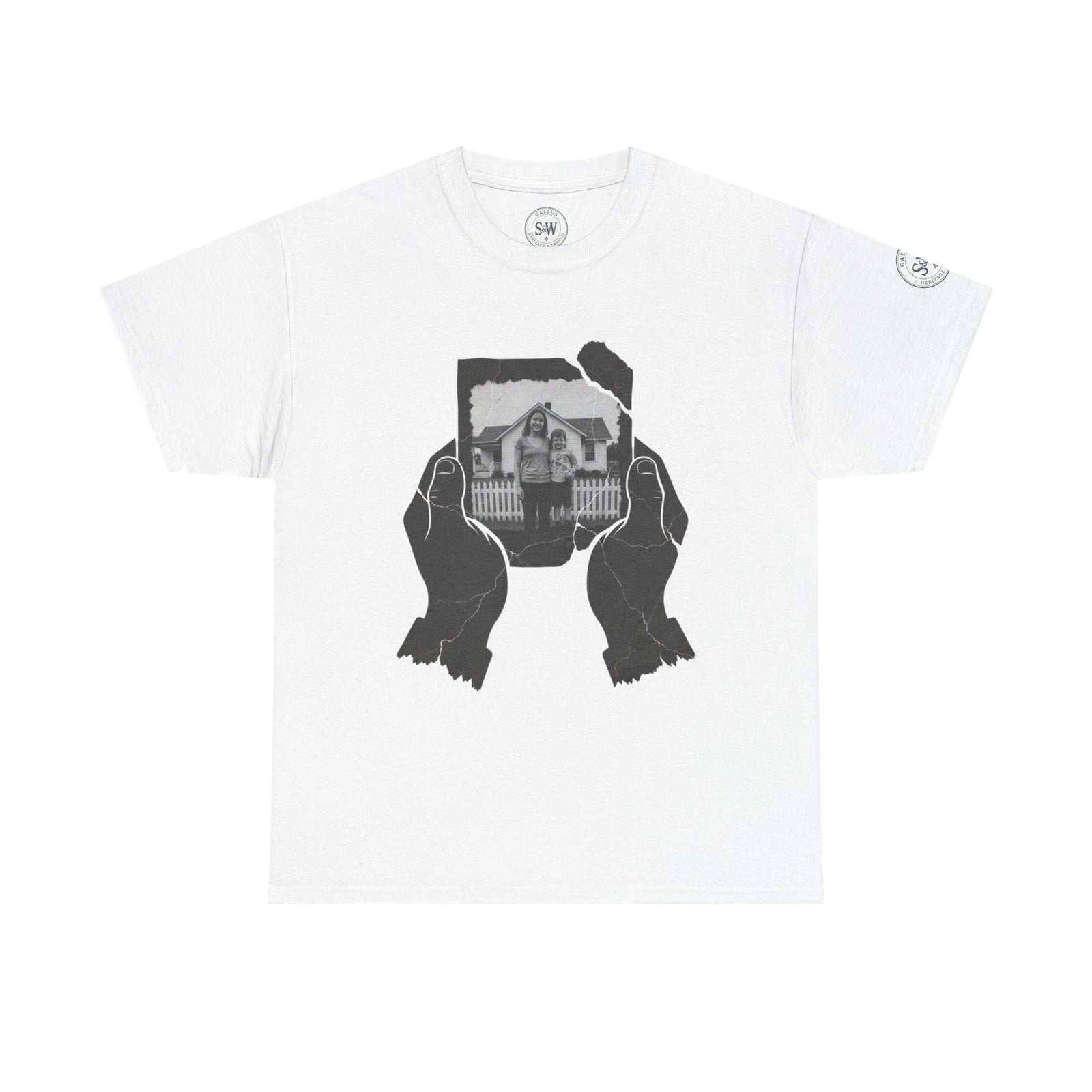 White t-shirt by S&W Gallus featuring a graphic print of hands holding a torn photograph.