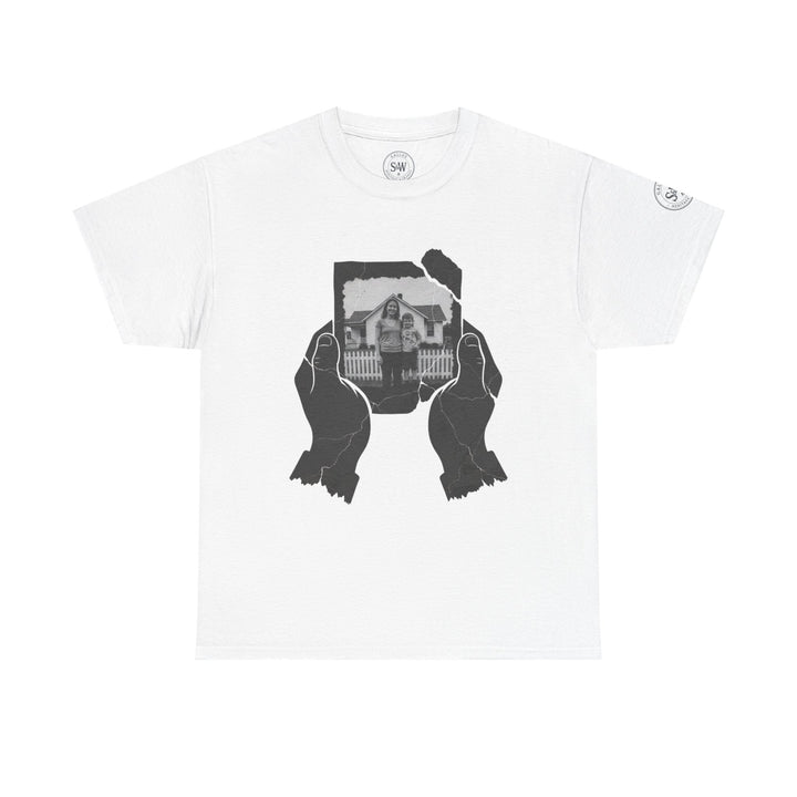 White t-shirt by S&amp;W Gallus featuring a graphic print of hands holding a torn photograph.