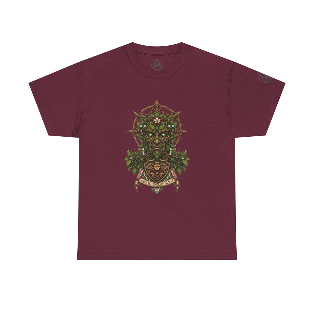 Burgundy t-shirt by S&amp;W Gallus featuring a green man mythological design centered on the chest.