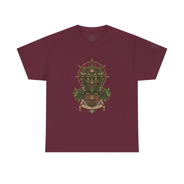 Burgundy t-shirt by S&amp;W Gallus featuring a green man mythological design centered on the chest.