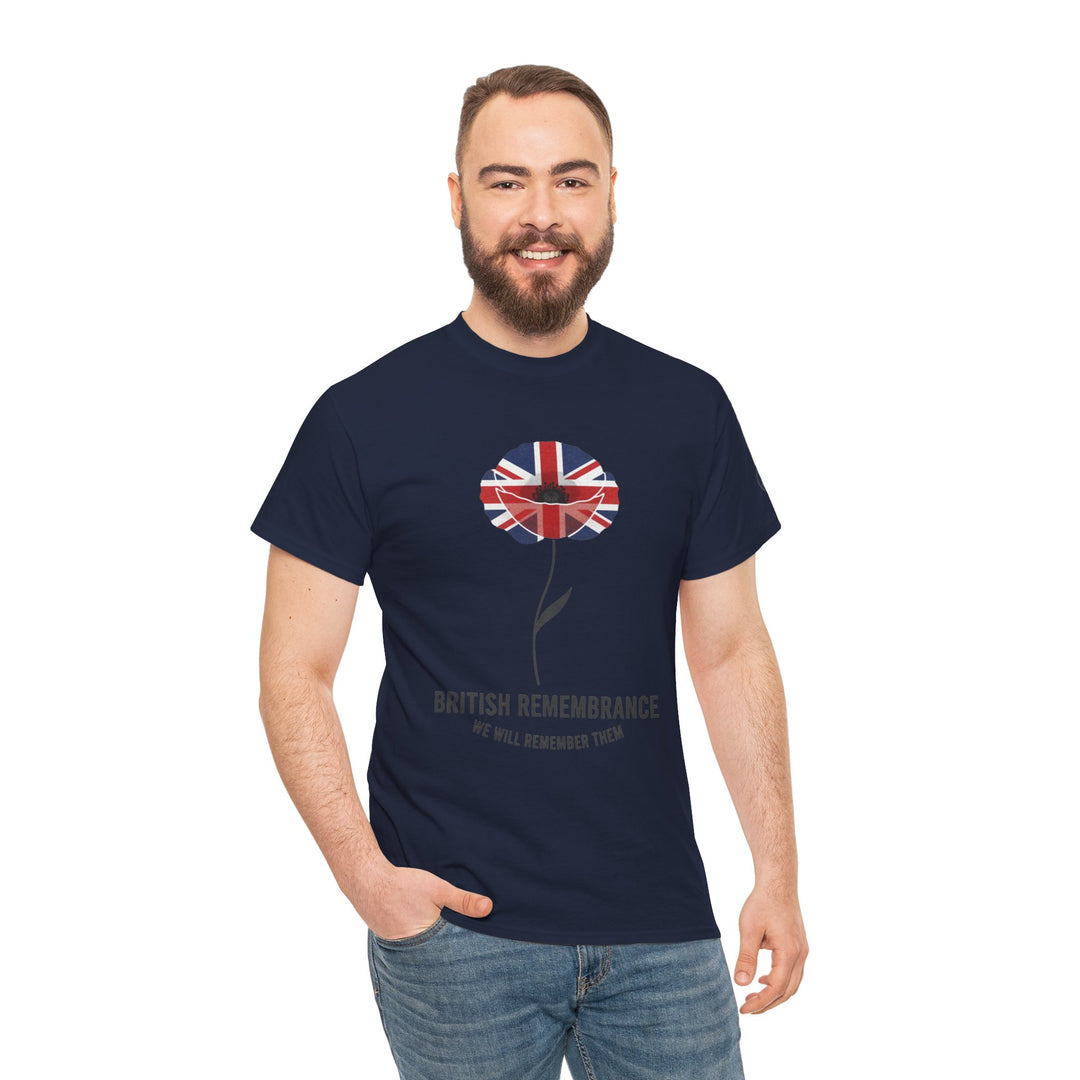Navy t-shirt by S&amp;W Gallus, featuring a poppy with a Union Jack flag pattern and "British Remembrance" text.