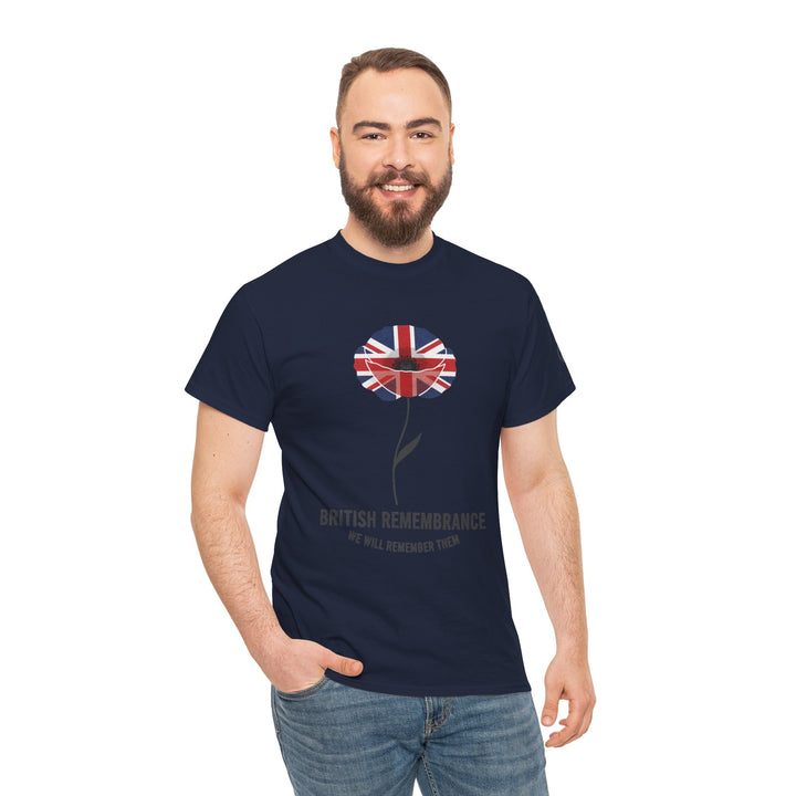 Navy t-shirt by S&amp;W Gallus, featuring a poppy with a Union Jack flag pattern and "British Remembrance" text.