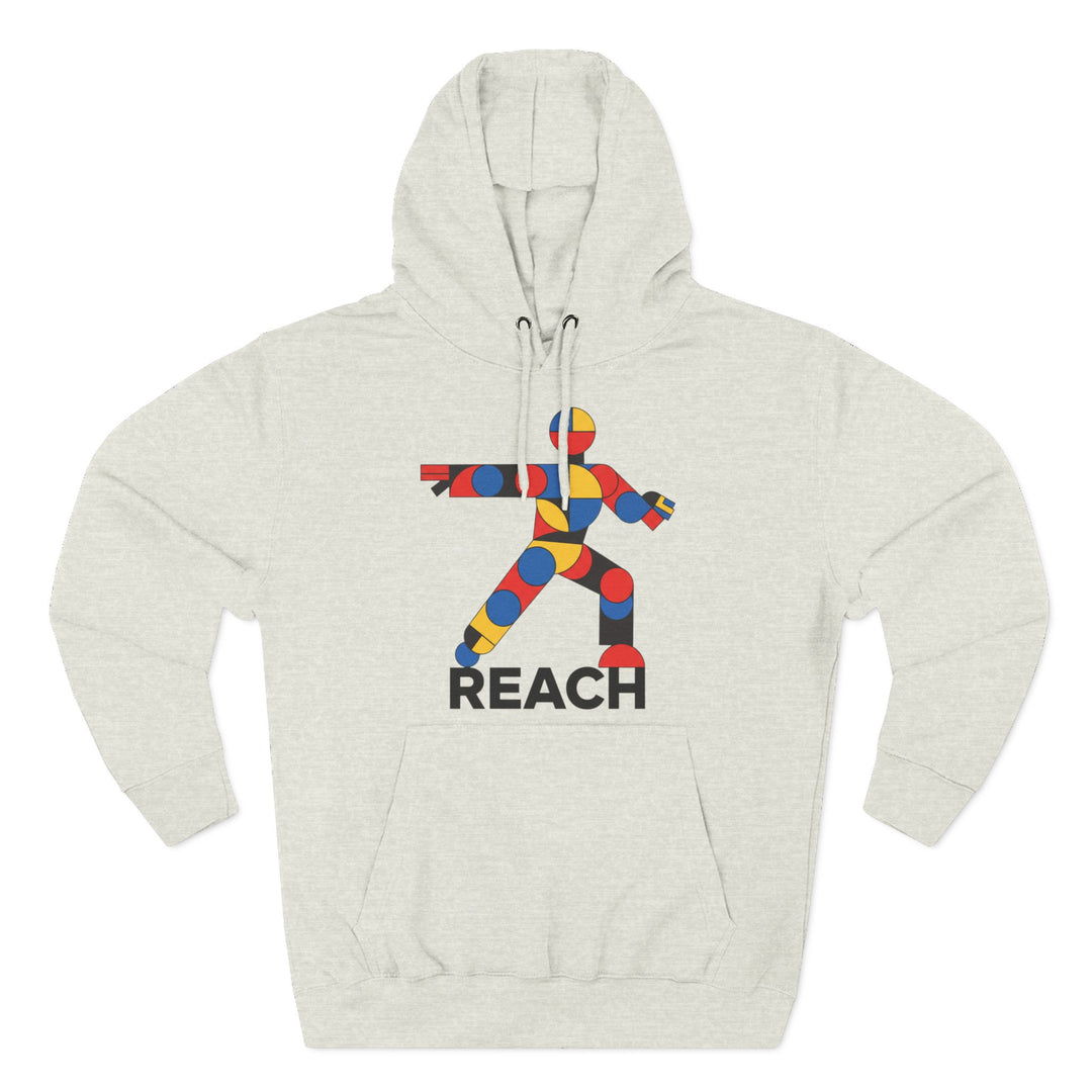 Heather gray hoodie by S&amp;W Gallus featuring a colorful, geometric figure with the word "REACH" printed below.