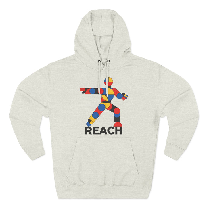 Heather gray hoodie by S&amp;W Gallus featuring a colorful, geometric figure with the word "REACH" printed below.