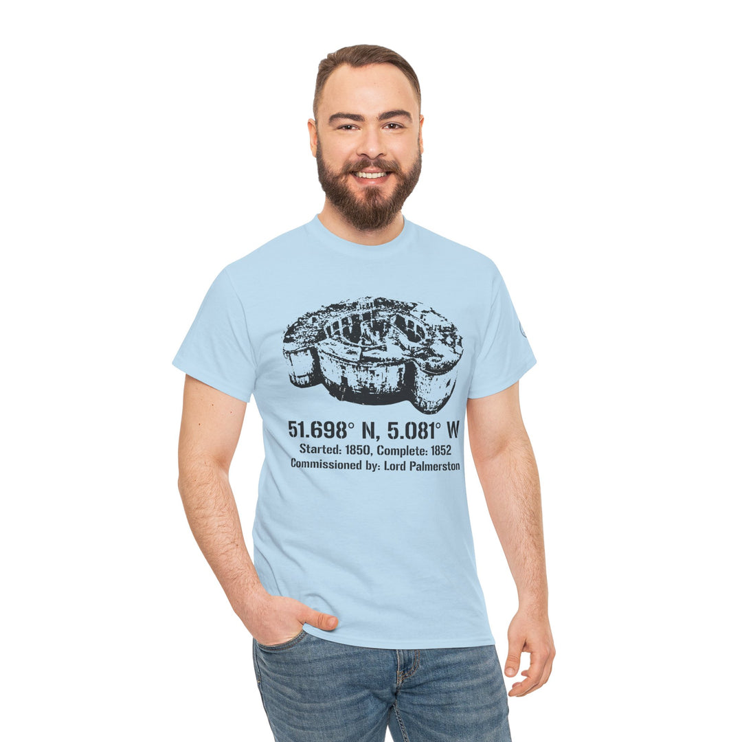 Light blue t-shirt by S&amp;W Gallus, featuring a graphic of Stack Rock Fort with coordinates and historical details. Worn with jeans.