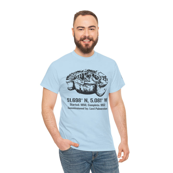 Light blue t-shirt by S&amp;W Gallus, featuring a graphic of Stack Rock Fort with coordinates and historical details. Worn with jeans.